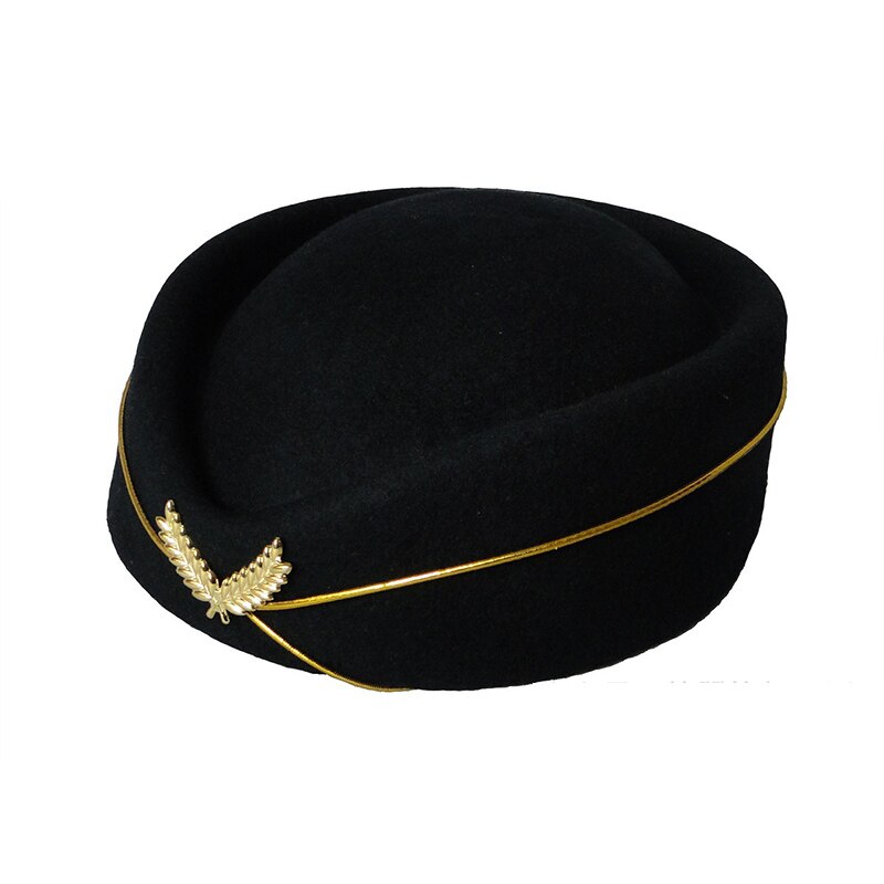 Sombrero de azafata, gorra de equipo de tambor, banda de actuación, boina de lana de cortesía para Hotel, baile, escenario, chica, disfraz de animadora, sombrero de uniforme: Negro