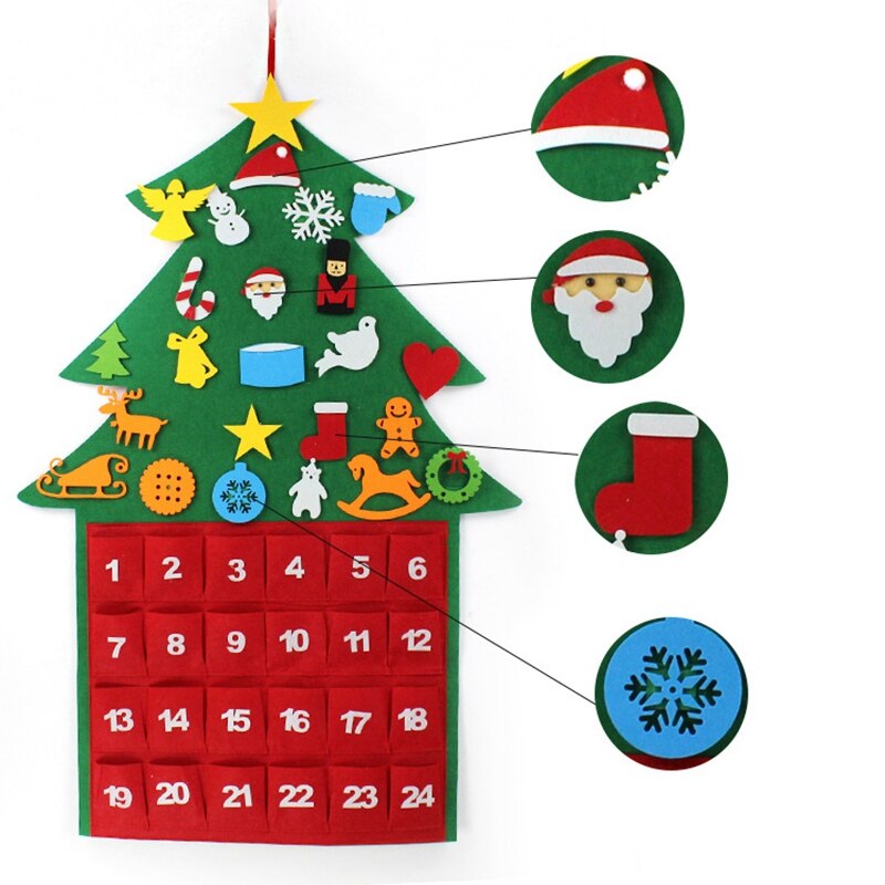 Felt Christmas Tree Ornaments Advent Calendar Set DIY Xmas Countdown Decorations Wall Door Hanging for Kids