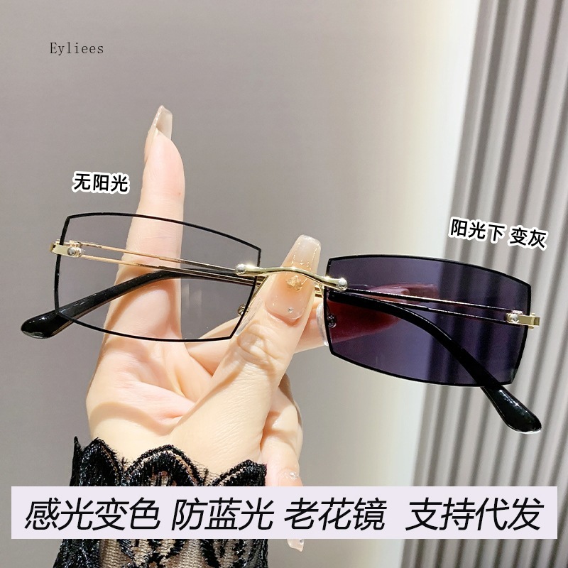 Gafas de sol fotocromáticas cuadradas sin montura para hombre y mujer, lentes de lectura con bloqueo de luz azul, lentes de Vista lejana terminadas, dioptrías: Negro / +250