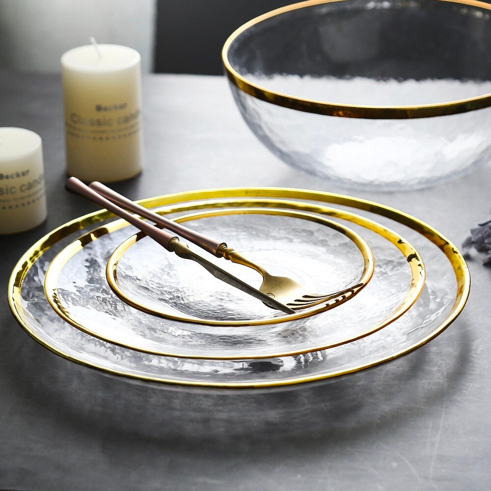 Klart glas guld streg service oplader tallerken gennemsigtigt glas middag kage mad dessert tallerken skål sæt bord bulk