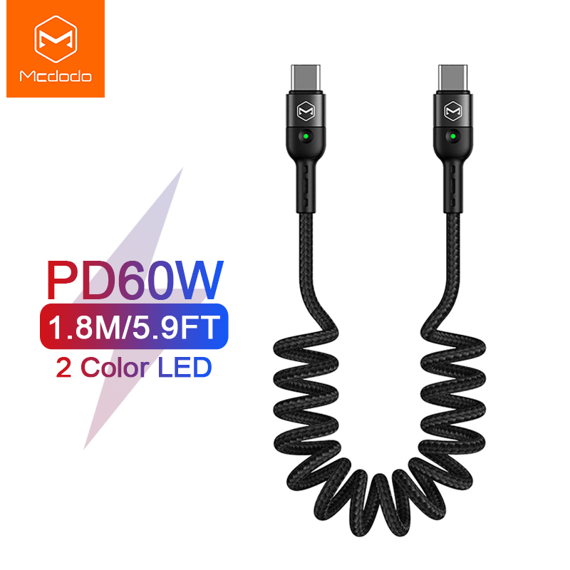 Mcdodo Retractable Car Spring USB C to USB Type C Cable for Xiaomi Redmi QC4.0 PD 60W Fast Charging for MacBook Pro Charge Cable