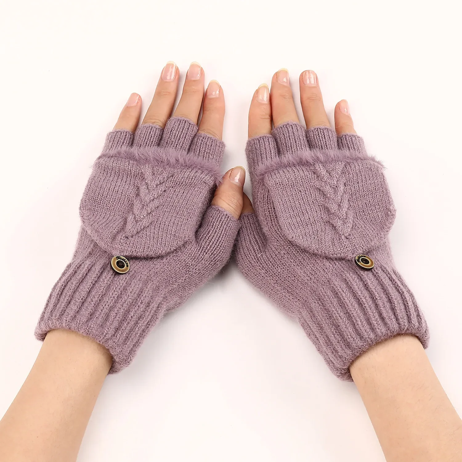 Gants en laine sans doigts pour femmes, tricotés, sans doigts exposés, épais, mitaines chaudes et épaisses pour l'hiver: Violet