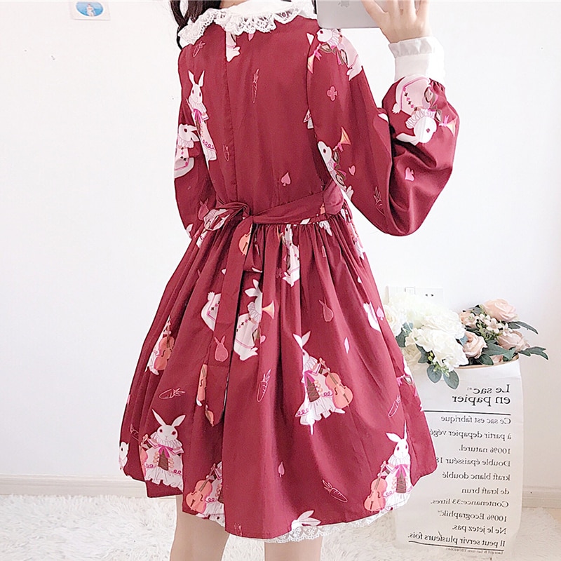 Lolita jurk, schattig konijnenprintje, schattige japanse kawaii meisjes, prinsessenmeisje, vintage gotische printpatronen, kant, wit, rood jurkje