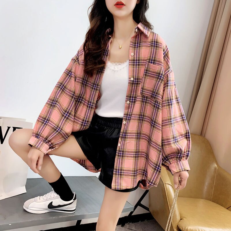 Shirts Women Solid Plaid Chic Outwear Loose Popular Chic Womens Korean Style Sweet All-match Young