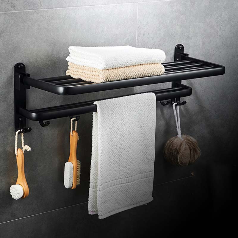 Matte Black Movable Bath Towel Holder No punching Wall Mounted Bath Towel Shelf Folding Towel Holder Towel Bar with Hooks