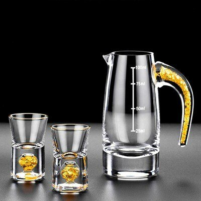 Førsteklasses manuelt krystallskuddsglas bygd i rent gullgullblad brennevin brannvann mini vinkopper vindelerboks: 1 gryte 2 glass