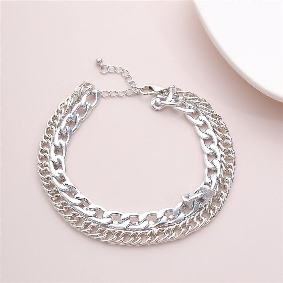 Boho Gelaagde Goud Colr Cubaanse Chunky Chain Enkelband Vrouwen Voet Accessoires Zomer Strand Barefoot Sandalen Enkelband Been Sieraden: Silver Color