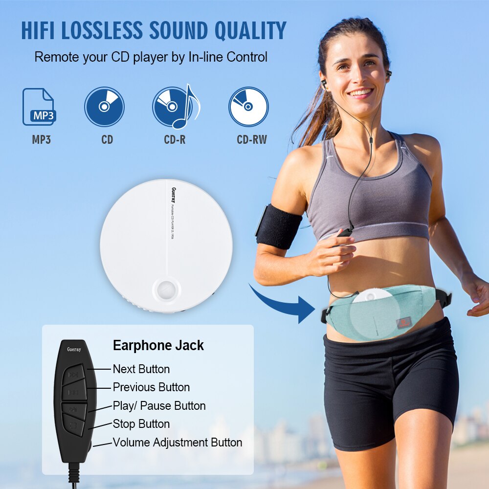 Sports Portable CD Player with Earphone HiFi Sound Compact Disc Player Reproductor CD Anti-Shock Car Audio Music Player White