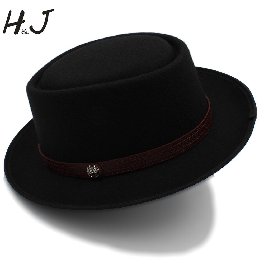 Chapeau en tarte de porc pour femmes hommes | Chapeau Fedora plat en laine pour Gentleman, papa Gambler Panama Trilby chapeau avec Belwt taille 58CM