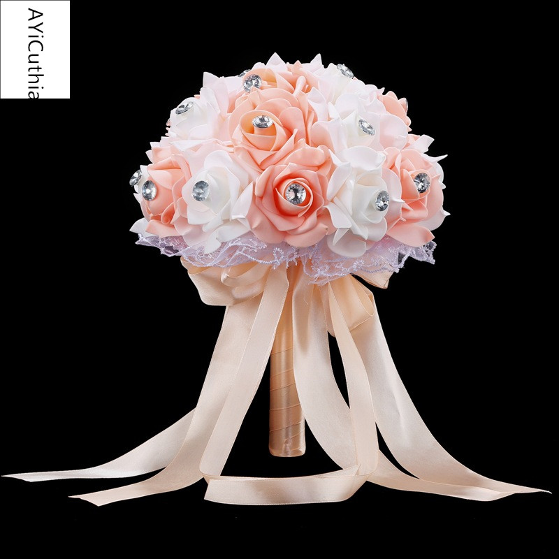 AYiCuthia Bridal Bouquet for Wedding Blue and White Wedding Bouquet Handmade Artificial Flower Rose buque casamento s133: Pink