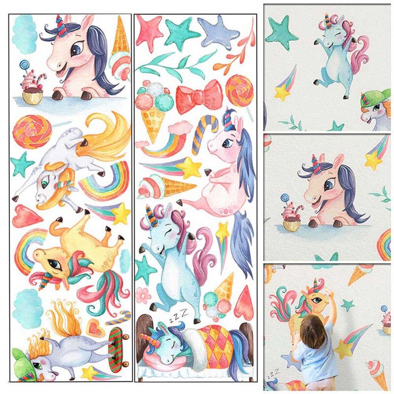 Girls Room Decor Cute Rainbow Unicorn Wall Stickers DIY Vinyl Home Wall Decals Kids Living Room Bedroom Cartoon Horse Wallpaper