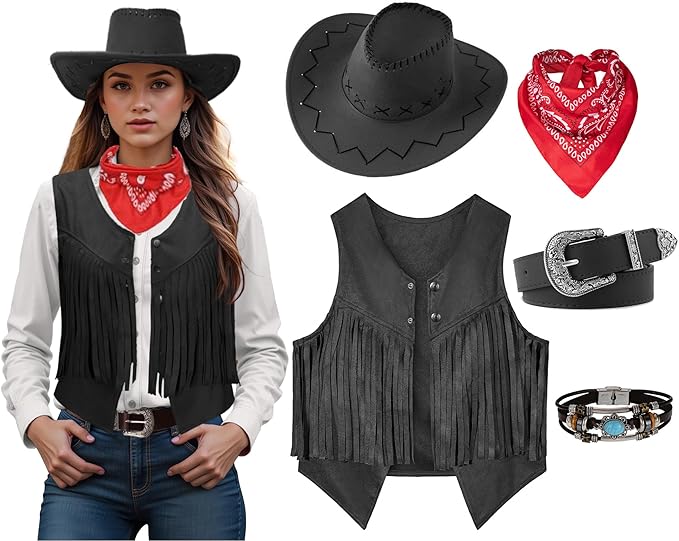 Frauen Männer Cowgirl Kostüm Western Weste Hut Gürtel Bandana Set für Cowboy Quasten Fransen Weste Halloween Outfits Wild West Cosplay: XXL / Black