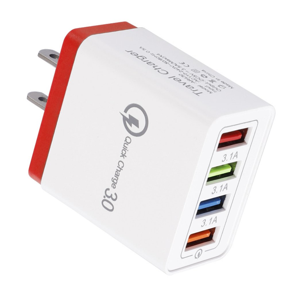 4 USB Port Charger 3.0 for iPhone Tablet Travel Charging Head Induction Mobile Phone Charger Adapter: red