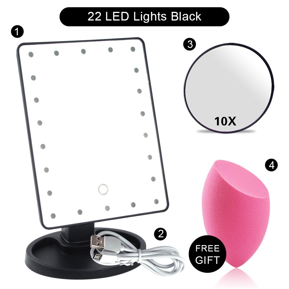 Makeup Mirror 22 LED Light Cosmetic Vanity Mirror Touch Screen Flexible Magnifying 1X/2X/3X/10X USB Or Battery Use Adjustable: BK 22 Light Set B