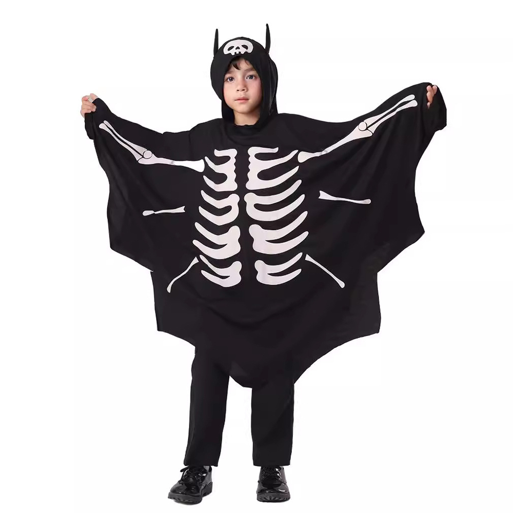 Costume di Halloween Mantello con stampa teschio Mantello luminoso per bambini Mantello con cappuccio pipistrello fantasma Costume da gioco di ruolo per spettacoli di feste: S