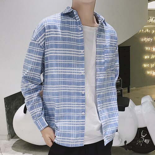 Checker shirt langærmet koreansk chao brand afslappet fritid baitao port wind japansk retro herre bf shirt: Blå / M