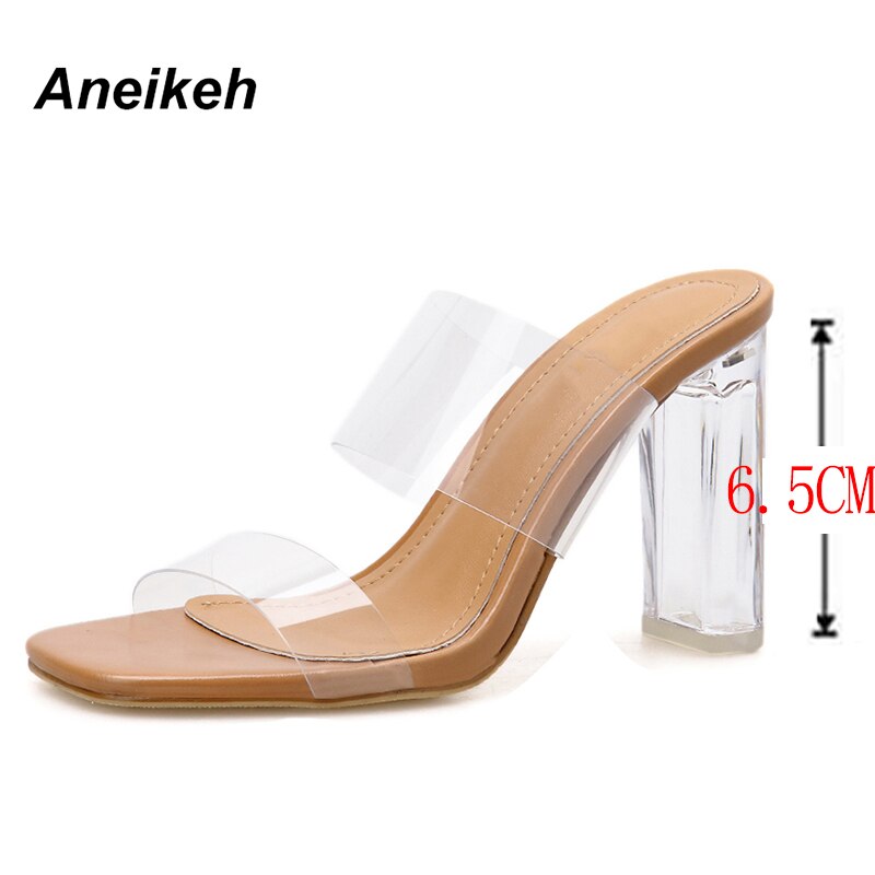 Aneikeh klare hæle hjemmesko sandaler sommersko kvinde gennemsigtige hjemmesko høje hæle pumps fritids flip flops muldyr: 6.5cm- abrikoser / 37