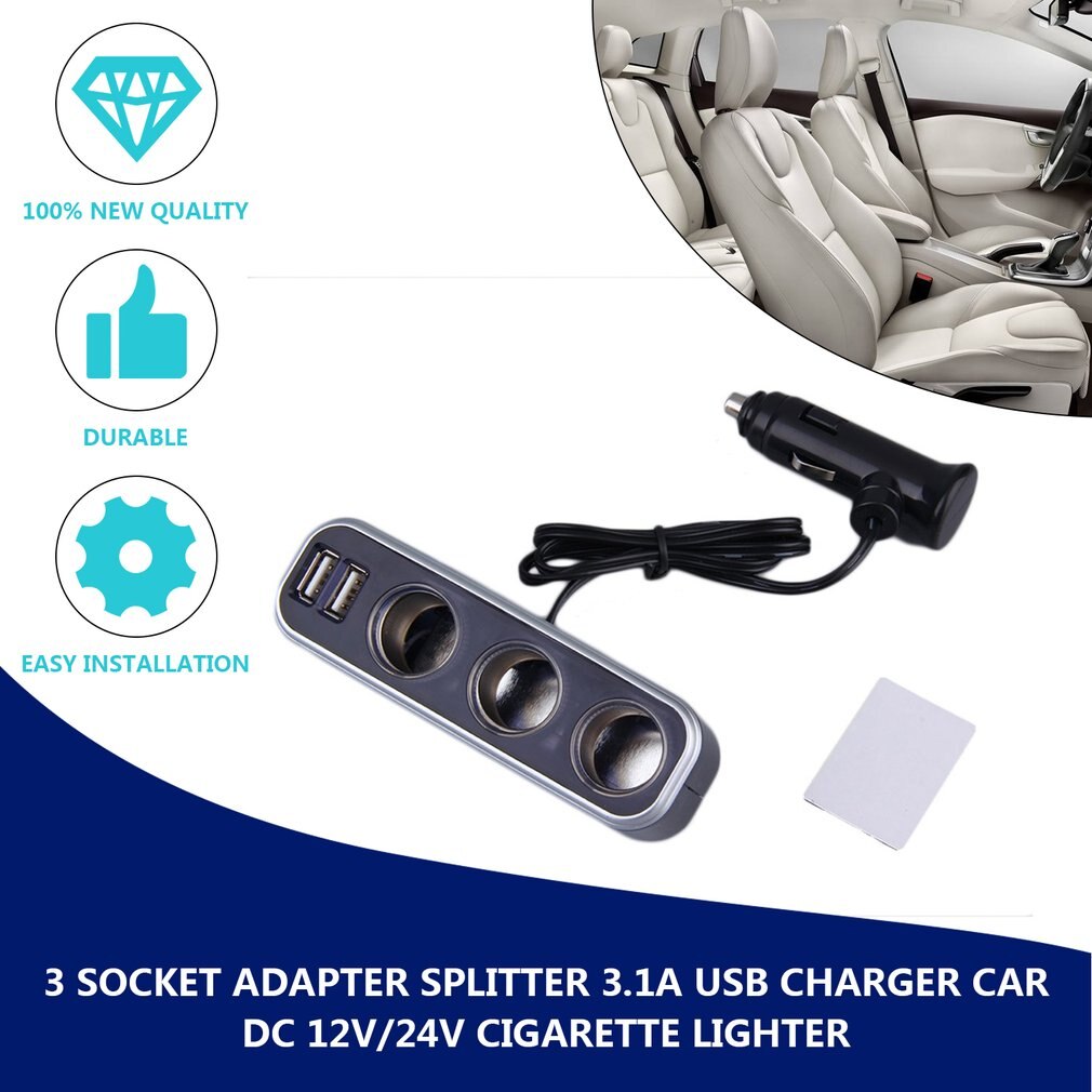 Universele 3- stopcontact adapter splitter 3.1a usb-lader auto  dc 12v/24v sigarettenaansteker splitter + dubbele usb-poort auto-adapter