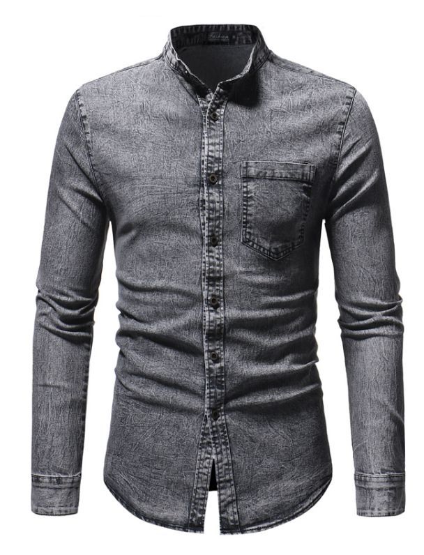 Jeansskjortor för män koreansk tvättad jeansskjorta mandarinkrage långärmade fritidsskjortor tunna herrkläder  n5244: Grå / Xl