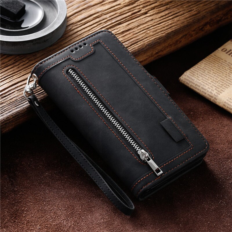 Luxe Zipper Wallet Note9S Case Voor Xiaomi Redmi Note 9S 9 Pro Max Note9pro Retro Lederen Kaartsleuven Boek telefoon Bag Cover Coque: For Redmi Note 9S / Black