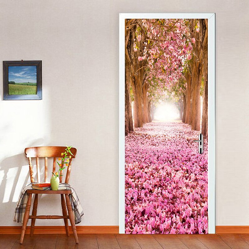 Woonkamer Bruiloft Huis Romantische Kersenbloesem Avenue 3D Deur Sticker PVC Zelfklevende Waterdichte Thuis Decals Vinyl 3D muurschildering
