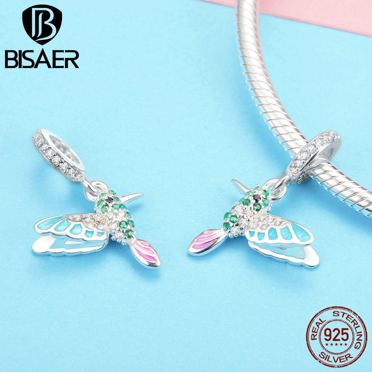 BISAER 925 Sterling Silber Kolibri Vogel Farbe CZ Charms Tier Perlen fit Armband Perlen für Silber 925 Schmuck, Der ECC991