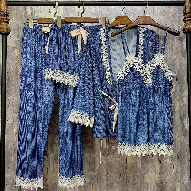 De vierdelige herfst- en winterpyjama's, comfortabele en sexy kanten pyjama's voor thuis, nachtkleding: Blauw