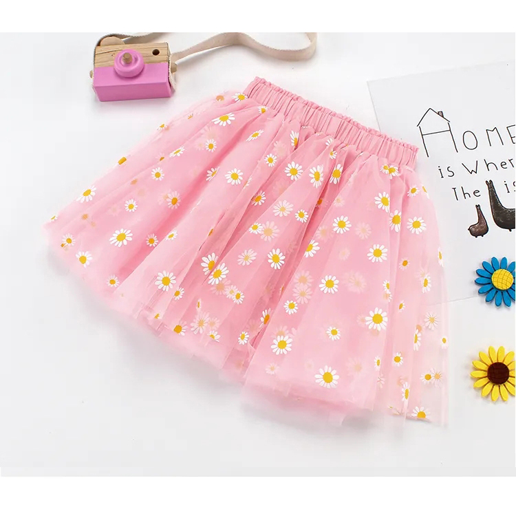 Zomer Roze Bloemen Kinderen Kleding Pluizige Zachte Tulle Girl Korte Rok Madeliefjes Meisjes Rokken Voor 3-8Y Kids Mesh Bal gown