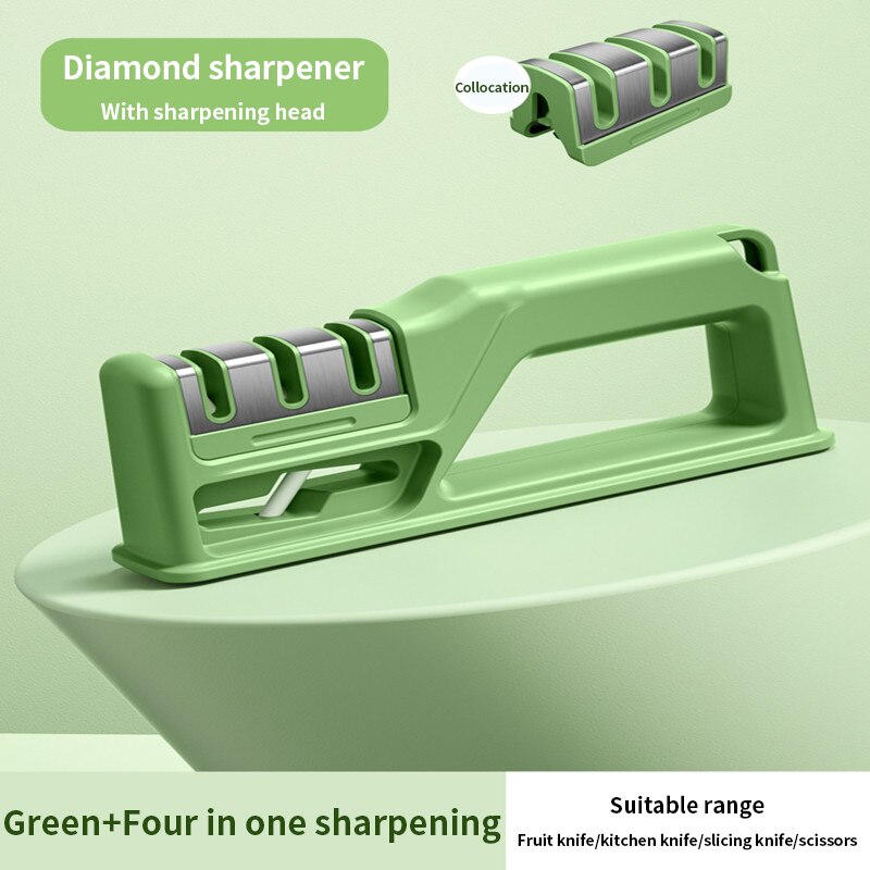 4 In 1 Knife Sharpener Manual Knife Sharpening Tool Scissors Sharpening Stone With 1 More Replace Sharpener Kitchen Accessories: Green-Spare head