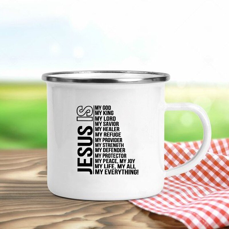 Jésus est dieu imprimer tasses en émail chrétien tasses à café boisson Dessert petit déjeuner lait tasse Vintage tasse poignée Drinkware: Violet