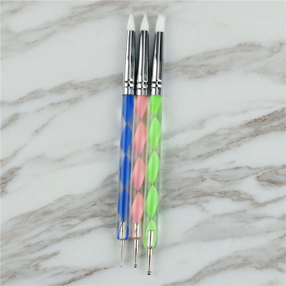 AACAR 5pc Double Head Pick Rhinestone Manicure Tool Nail Art Silicone Dotting Pen Brush Sculpture Emboss Carving Shaping Paint