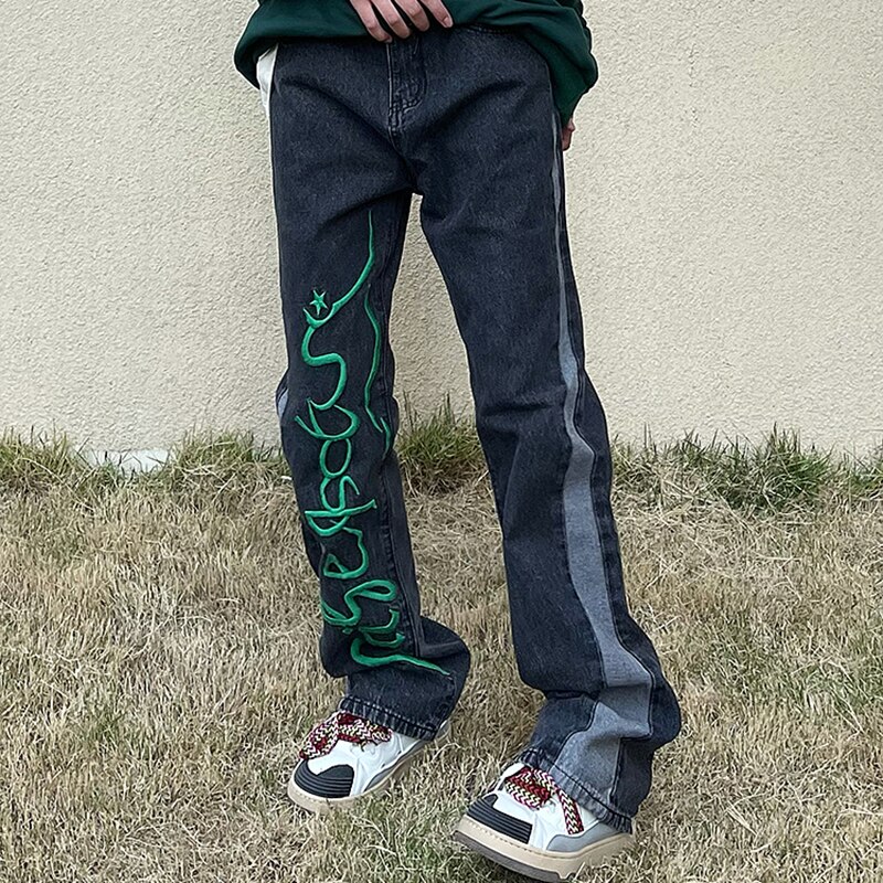 Harajuku – jean déchiré pour hommes et femmes, coupe trouée, lettre rétro, décontracté, poches délavées, droit, Baggy, pantalon en Denim, Streetwear