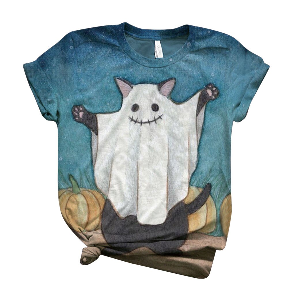 Vogue T-Shirt femmes été décontracté grande taille à manches courtes Halloween imprimé haut col en o T-Shirt Blouse femmes hauts #7.21: L