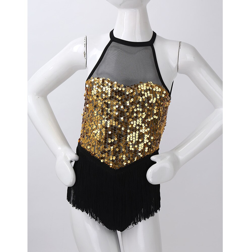 Justaucorps avec jupe à franges pour petites filles, paillettes scintillantes, danse latine, Jazz, col licou, figurine, patinage à glace, Roller, Roller