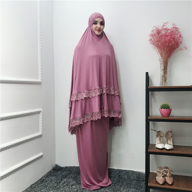 Muslimska ramadan böne plagg uppsättningar dyrka mantel kvinnor klänning turkiskt bröllop eid maxi dubai marockanska kaftan islamiska ropa 2 pecs: Lila