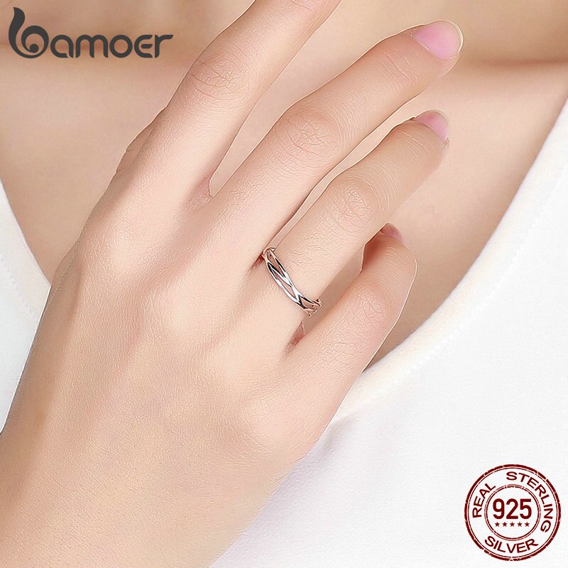 BAMOER Authentische 925 Sterling Silber Geometrische verdrehte Welle Öffnen Größe Finger Ringe Frauen Hochzeit Engagement Schmuck SCR483