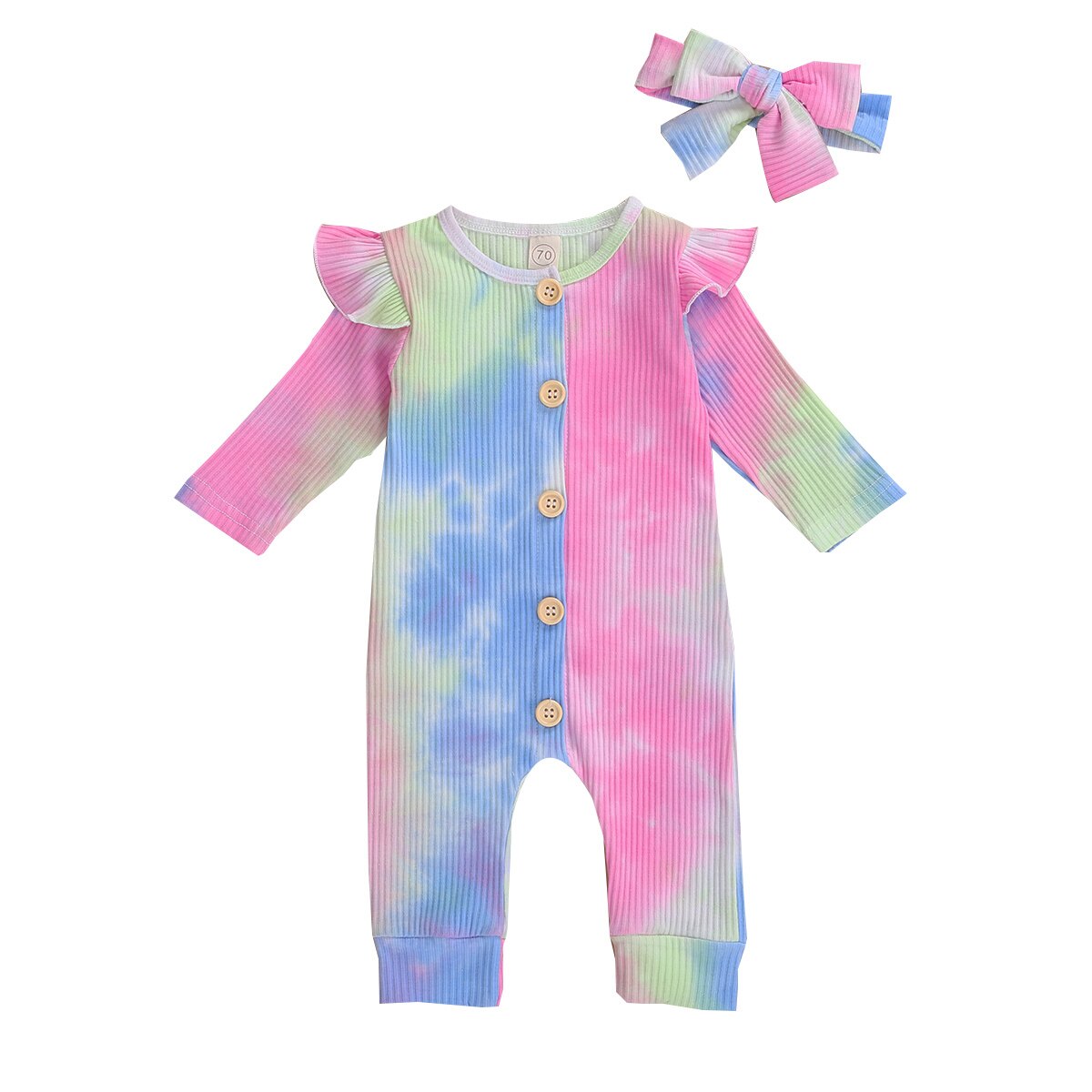 Mise au point 0-18M automne bébé filles garçons cravate-teinture barboteuses 2 couleurs à manches longues simple boutonnage combinaisons bandeau: A / 6M