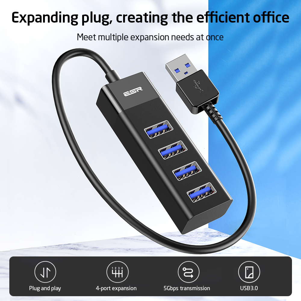 ESR USB HUB Adapter USB 3.0 Dock Fast Transfer Splitter 4 Ports 4-In-1 USB Extention Data Transfer for PC MacBook