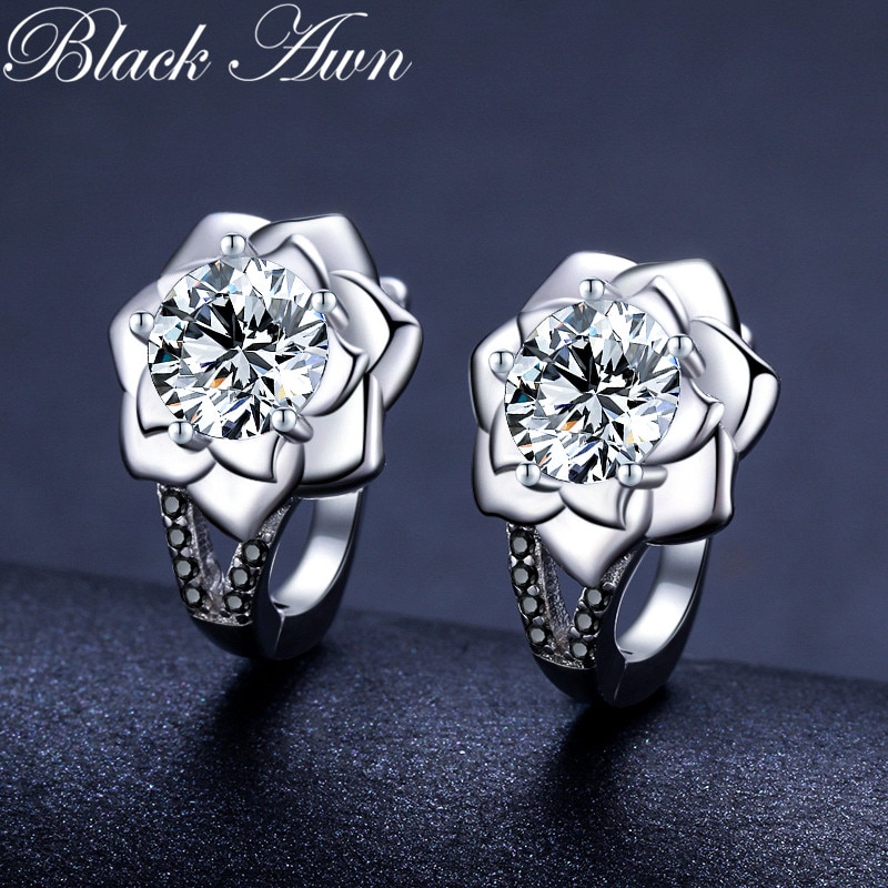 Black Awn Silver Color Round Black Trendy Spinel Engagement Flower Hoop Earrings for Women Jewelry Bijoux I152