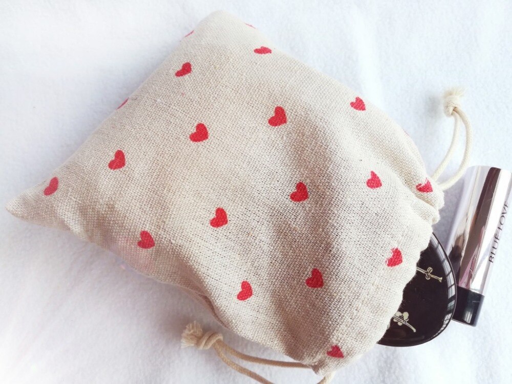 YILE Red Love Heart Cotton Linen Drawstring Organized Pouch Cosmetic Bag 8614L