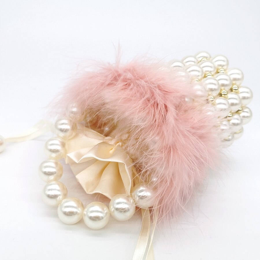 Faux Fur Pearl Avondtasje Vrouwen Retro Handgemaakte Clear Parel Kralen Kleine Clutch Emmer Handtas Dames Schoudertas Wedding Party