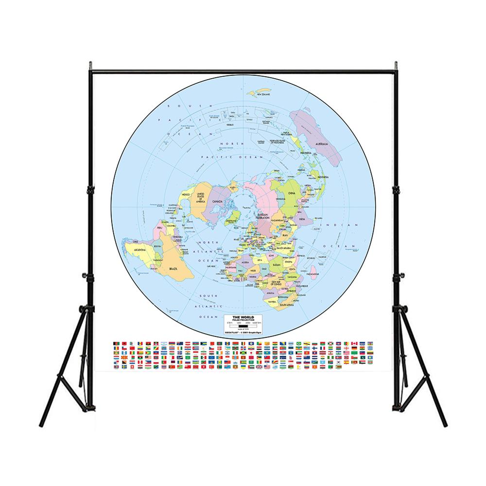 Konvensjonelt verdenskart med flagg rundt 90 x 90cm ikke-vevet vanntett ikke-falmer kart til kulturopplæringe