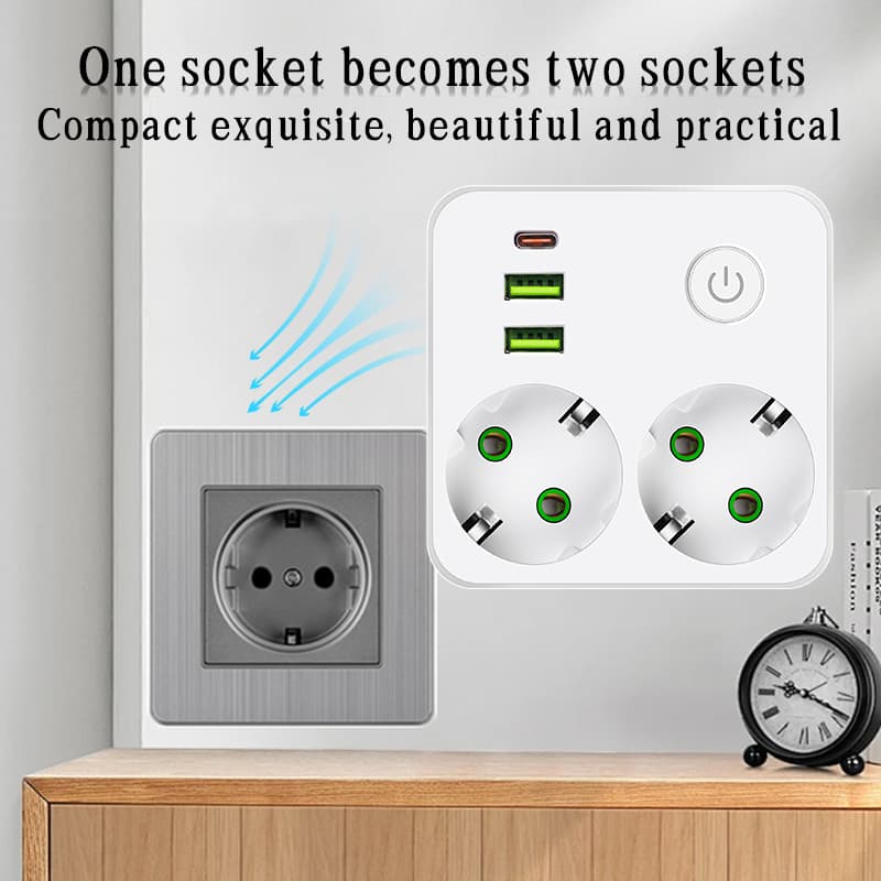 Eu-uttag 2 uttag multitap-vägggrenuttag eluttag utan förlängningssladd med 2 usb 1 typ-c-portar 2500w maxeffekt