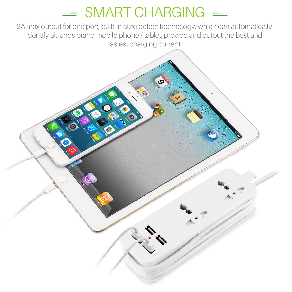 Power Strip EU Plug - 2 AC Outlets + 4 USB Ports - 1.5m Cable - Surge Protector - Smart Charger Hub