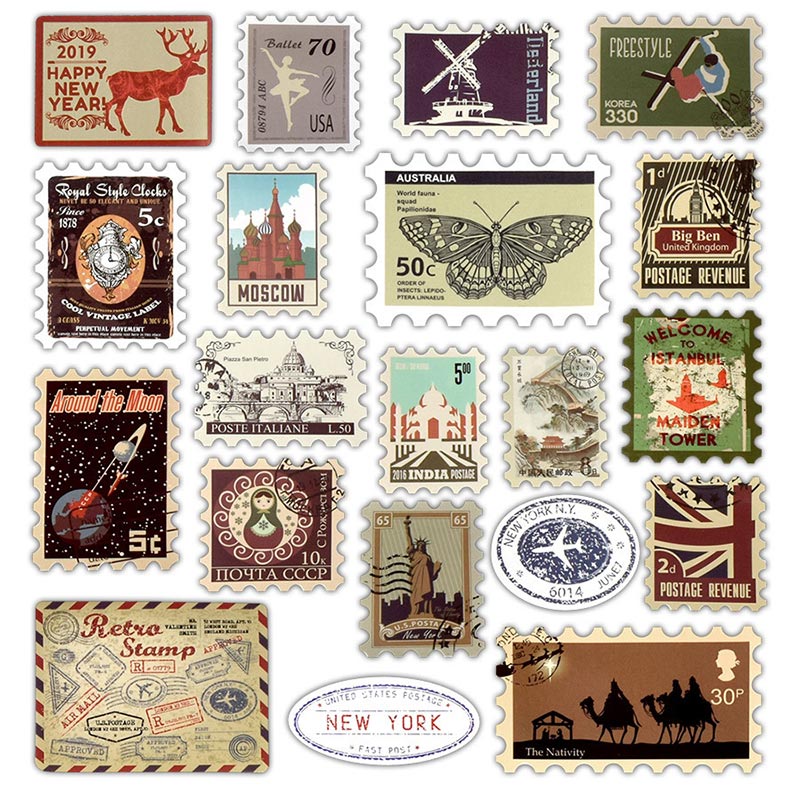 50 Pcs Diy Vintage Retro Paper Stickers Stamp Sticker For Diary Scrapbooking Luggage Decal Refrigerator Decal