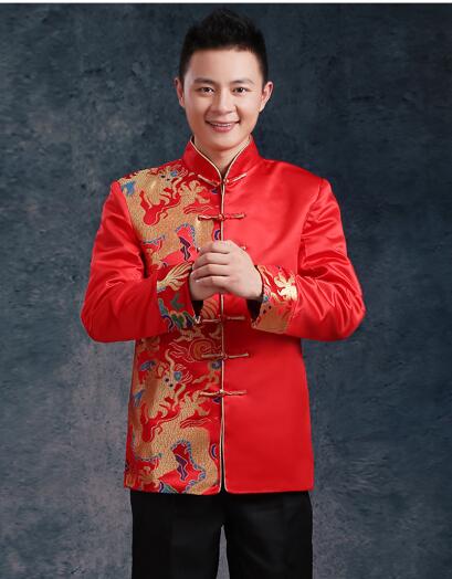 Chinese traditionele kleding bruiloft reed borduurwerk bruid kleding mannen tang pak vintage stand kraag tuniek pak