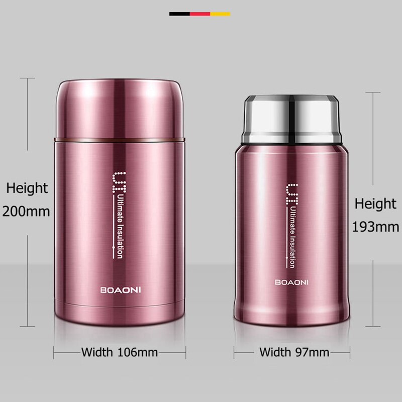 BOAONI 800ml/1000ml Food Thermal Jar Vacuum Insulated Soup Thermos Containers 316 Stainless Steel Lunch Box with Folding Spoon