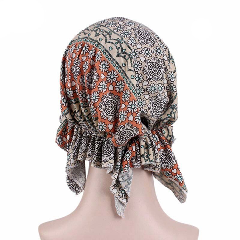Women Feather-print Turban Hat Long Hair Hat Night Sleep Cap Lady Hair Care Bonnet Headwrap Muslim Hat Indian Hat