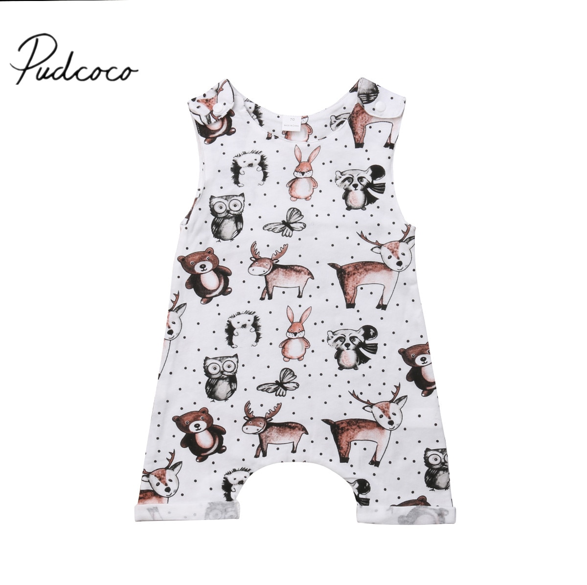 2018 di Marca nuovo animale Stampa Pagliaccetto di proprietà Del bambino Del bambino Della Ragazza del Ragazzo Vestiti Senza Maniche in Cotone Tute e Tute da Palestra Cotone Salopette Corta vestito 0- 24 m