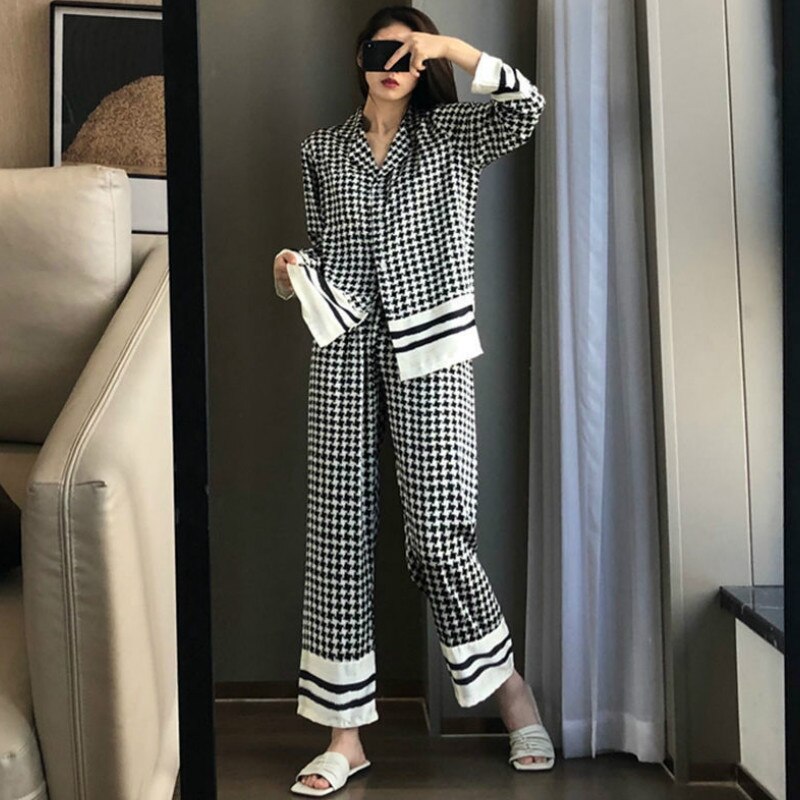 Conjuntos de pijama de 2 piezas para mujer, ropa de dormir de manga larga con cuello vuelto, parte superior con una botonadura, pantalones sencillos de , informales y suaves de otoño: black 1 / L